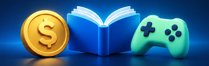 A gold coin, an open blue book and a mint game controller